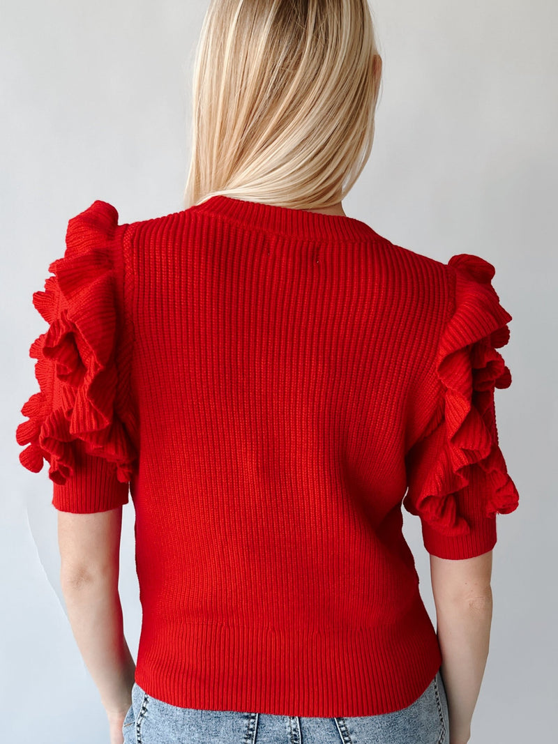 The Serrano Ruffle Detail Sweater in Red