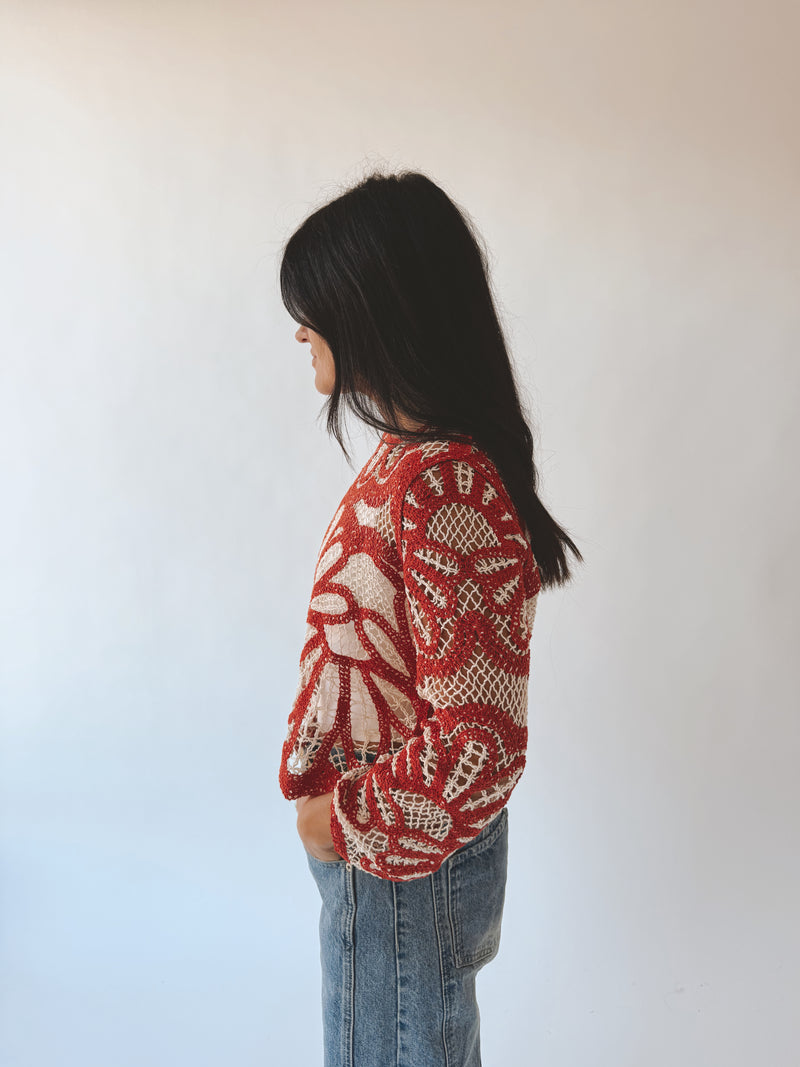 The Ryan Floral Crochet Blouse in Rust