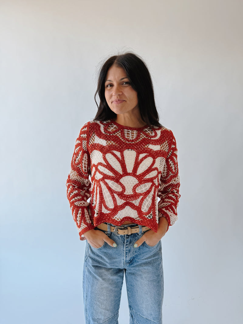 The Ryan Floral Crochet Blouse in Rust
