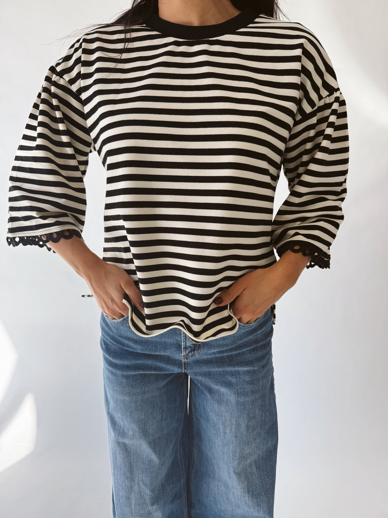The Betsy Lace Trim Blouse in Black Stripe