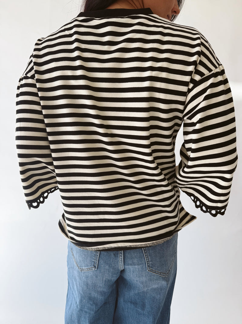 The Betsy Lace Trim Blouse in Black Stripe