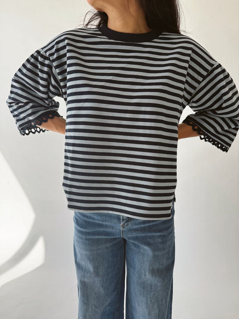 The Betsy Lace Trim Blouse in Navy Stripe