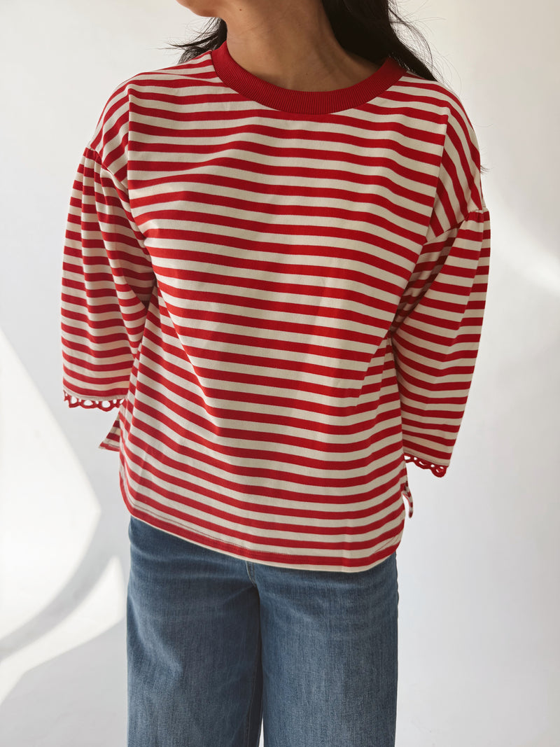 The Betsy Lace Trim Blouse in Red Stripe
