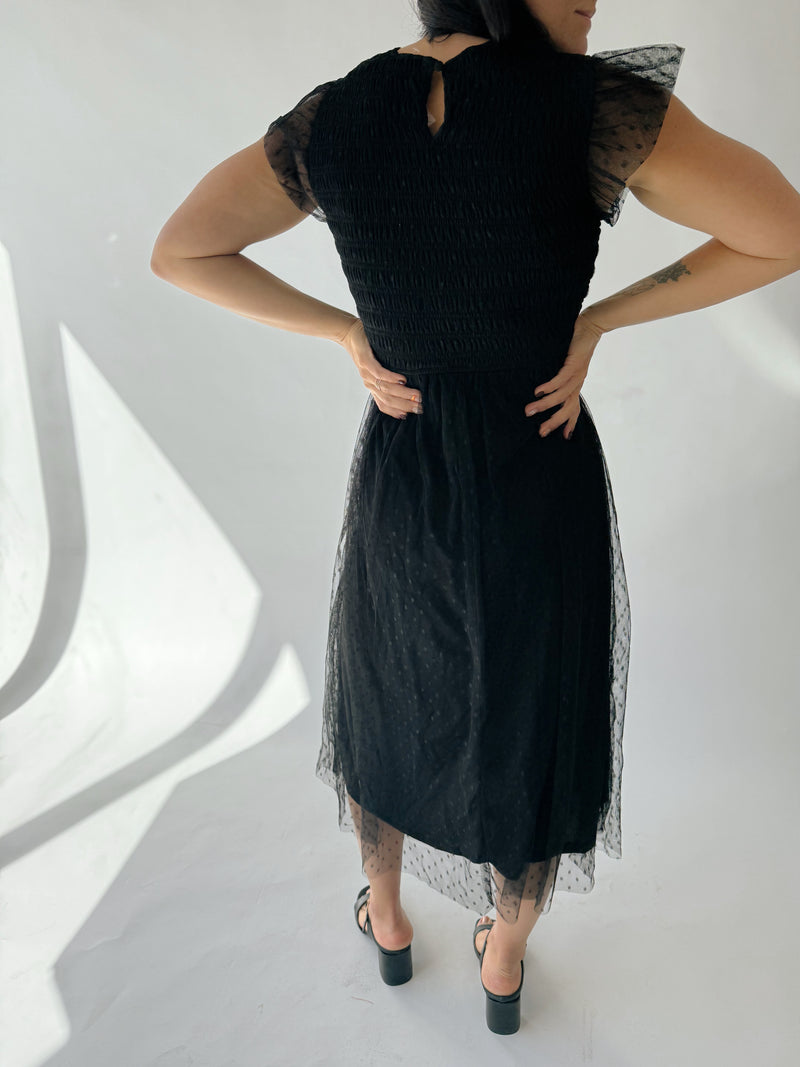 The Dawley Polka Dot Chiffon Midi Dress in Black