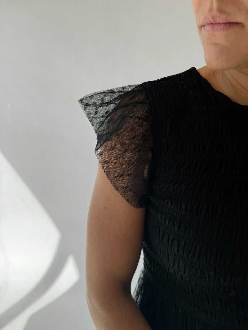 The Dawley Polka Dot Chiffon Midi Dress in Black