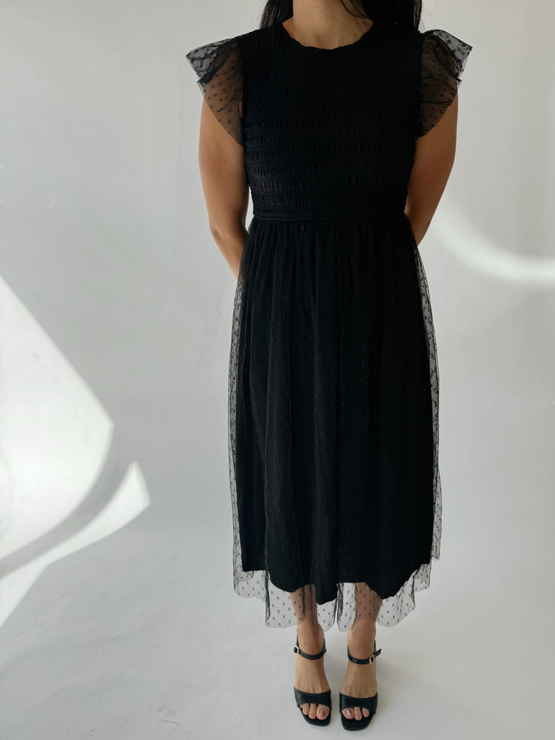 The Dawley Polka Dot Chiffon Midi Dress in Black