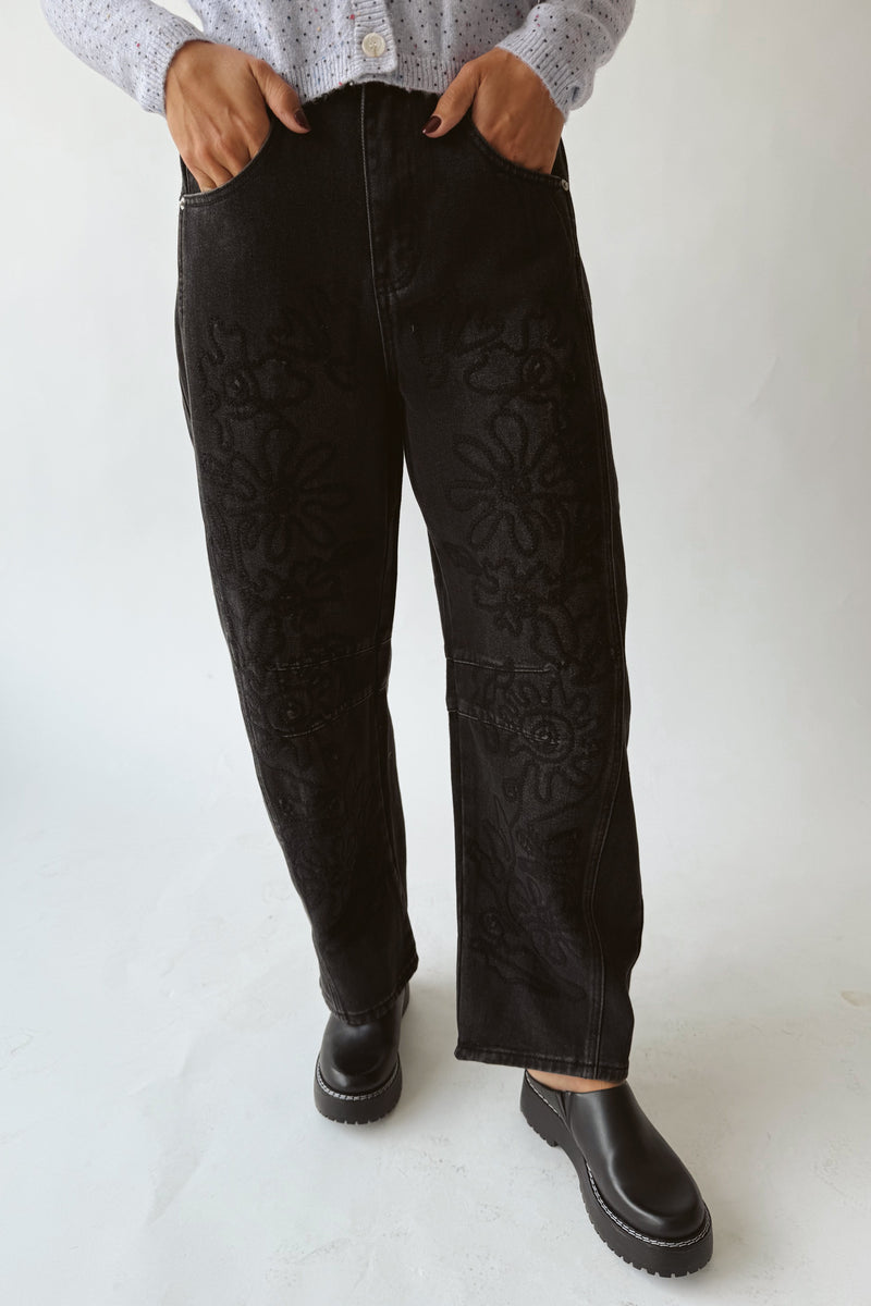The Brianna Embroidered Barrel Jean in Faded Black