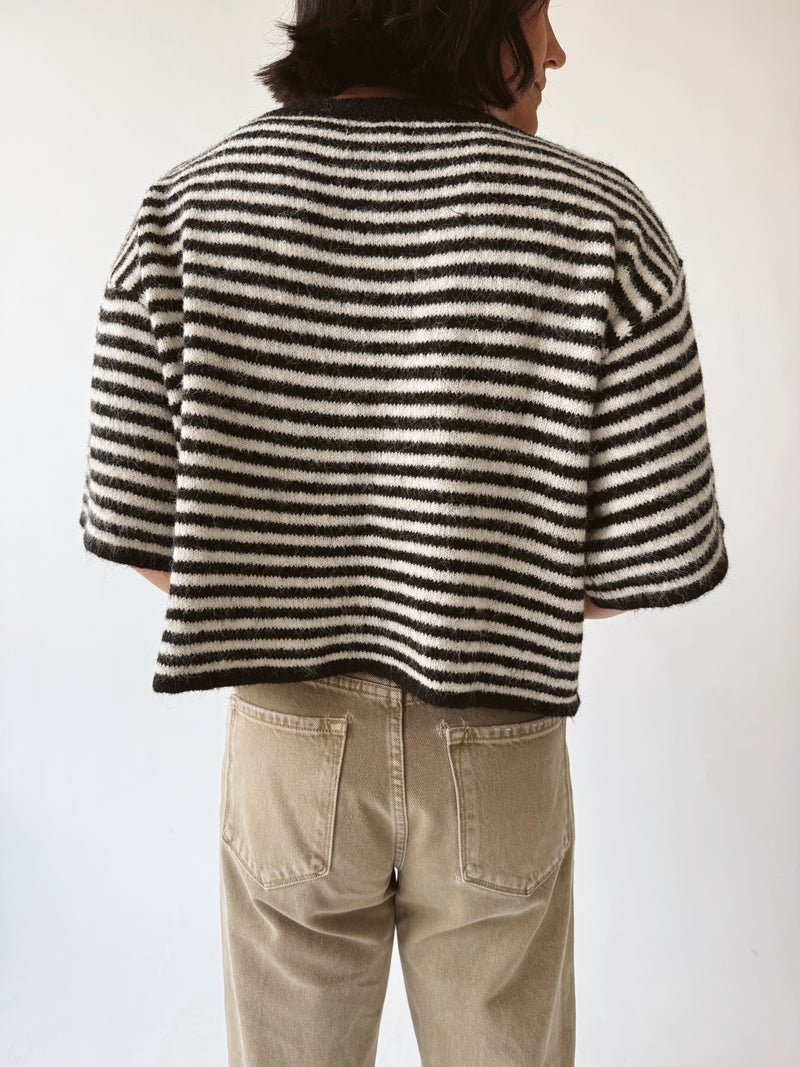 The Joanie Striped Button-Up Cardigan in Black + Ivory