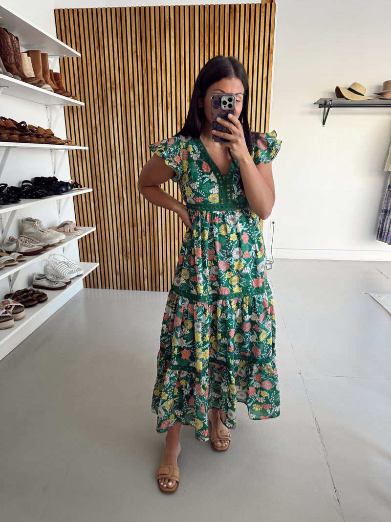 The Azula Tiered Floral Maxi Dress in Green