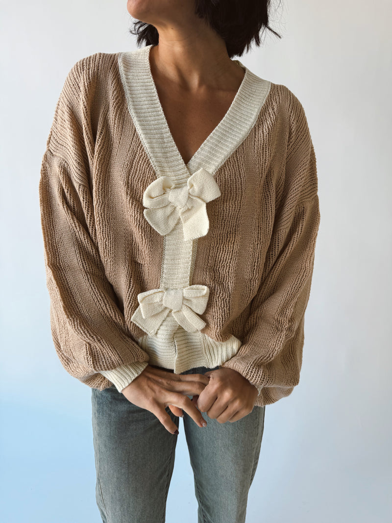 The Winquist Knit Bow Detail Cardigan in Mocha
