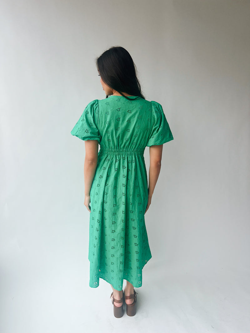 The Paulsen V-Neck Eyelet Midi Dress in Jade Green