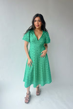 The Paulsen V-Neck Eyelet Midi Dress in Jade Green