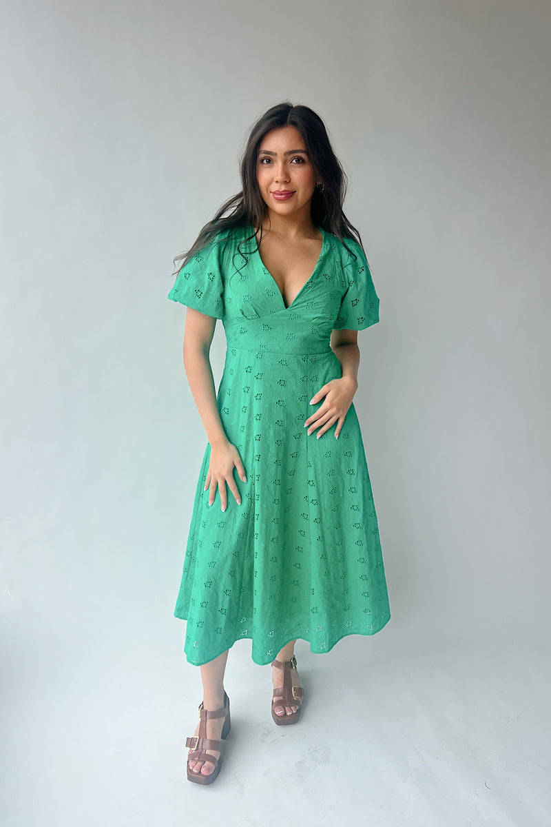 The Paulsen V-Neck Eyelet Midi Dress in Jade Green