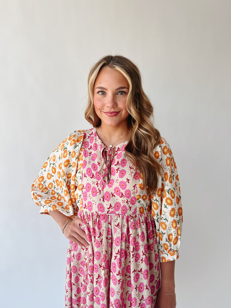 The Libby Blossom Linen Midi Dress in Pink + Orange