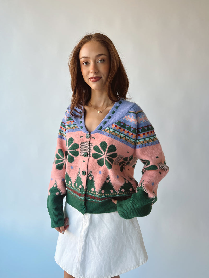 The Crowder Collared Cardigan in Lavender + Green