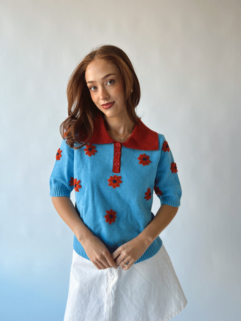 The Swayne Stitched Floral Sweater in Sky Blue