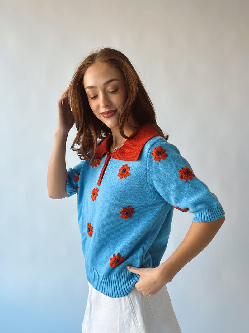The Swayne Stitched Floral Sweater in Sky Blue