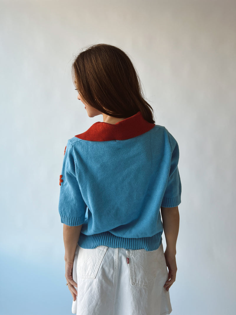 The Swayne Stitched Floral Sweater in Sky Blue
