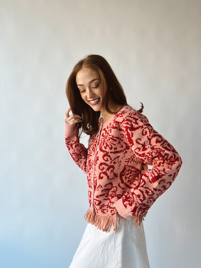 The Matheson Fringe Detail Caardigan in Coral + Red