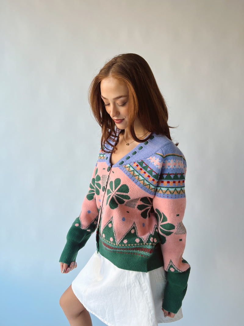 The Crowder Collared Cardigan in Lavender + Green