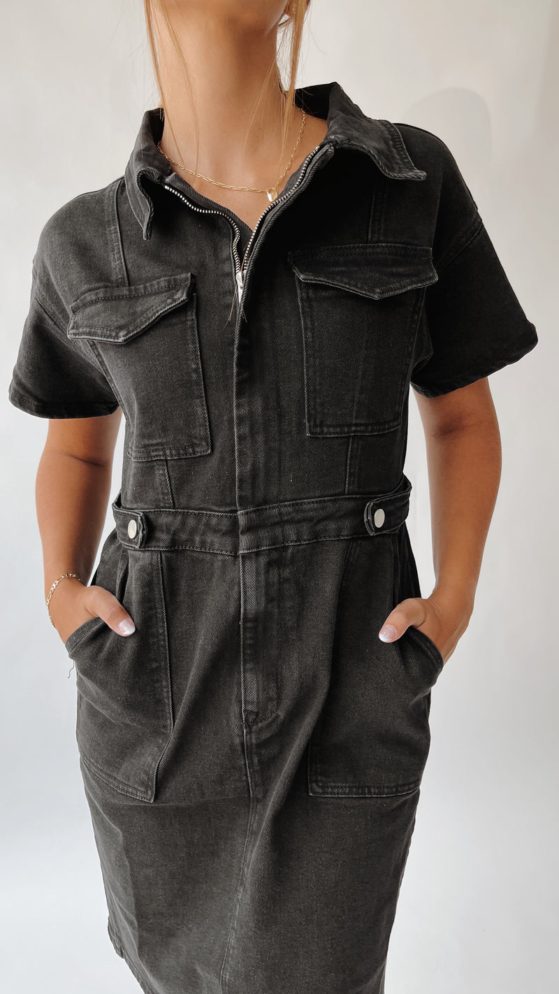 The Vickers Denim Zip-Up Dress in Black