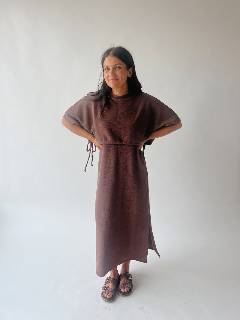 The Andra Tie Detail Midi Dress in Brown