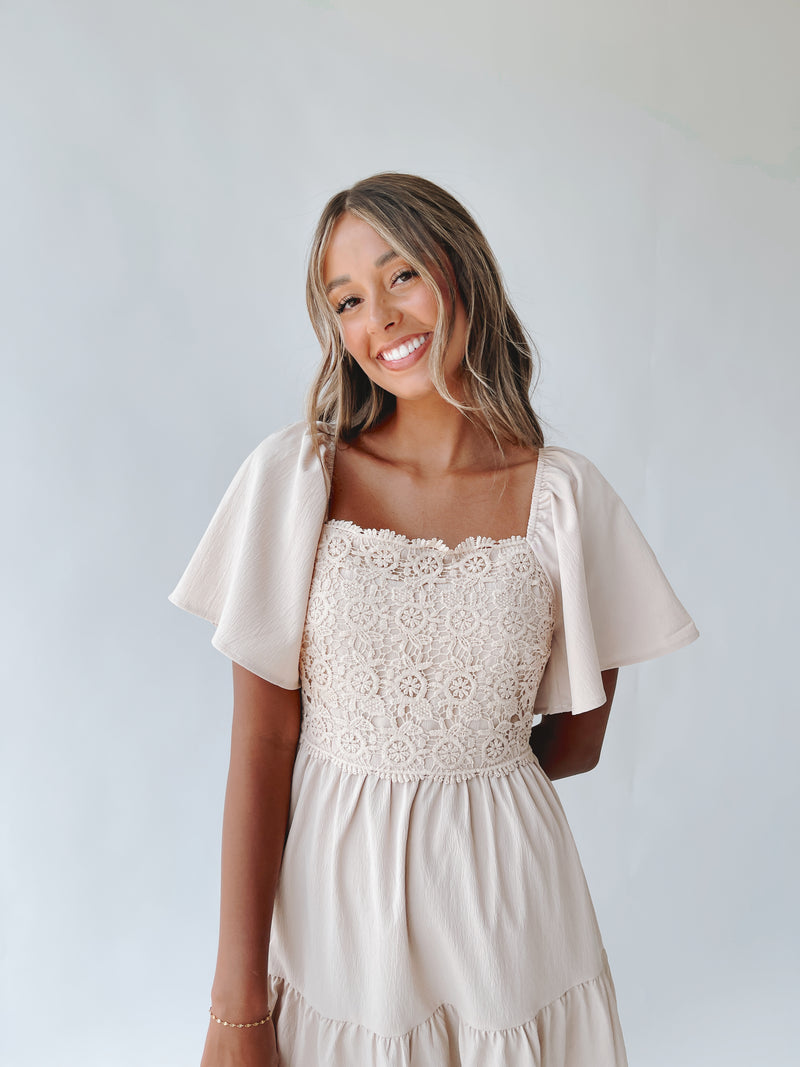 The Byrum Crochet Tiered Midi Dress in Natural