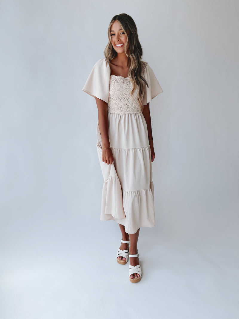 The Byrum Crochet Tiered Midi Dress in Natural