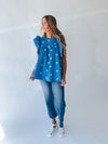 The Covitz Flutter Sleeve Floral Blouse in Blue