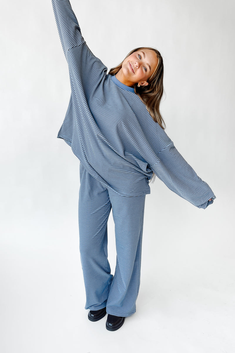 The Norah Fleece Pant in Blue Stripe