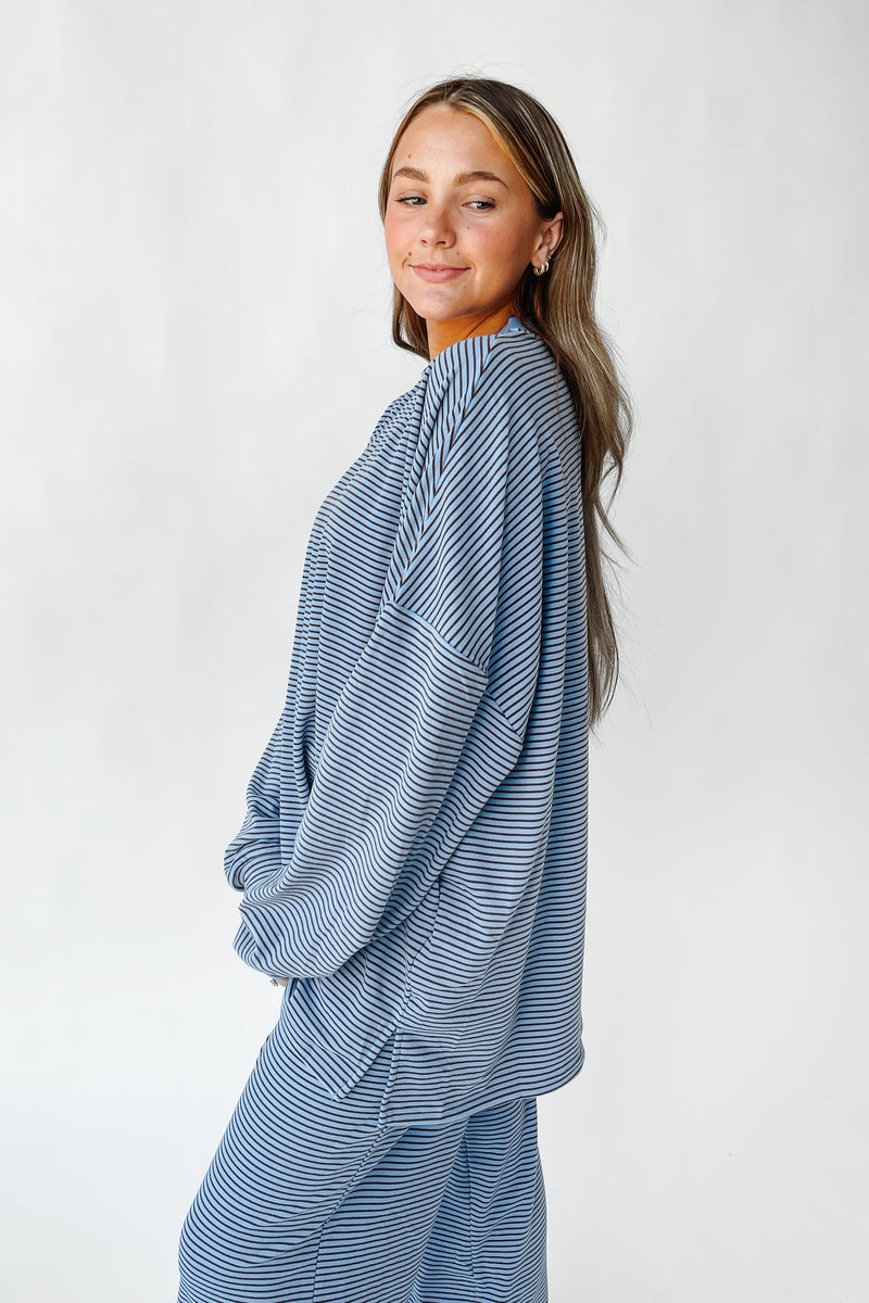 The Maggie Fleece Blouse in Blue Stripe
