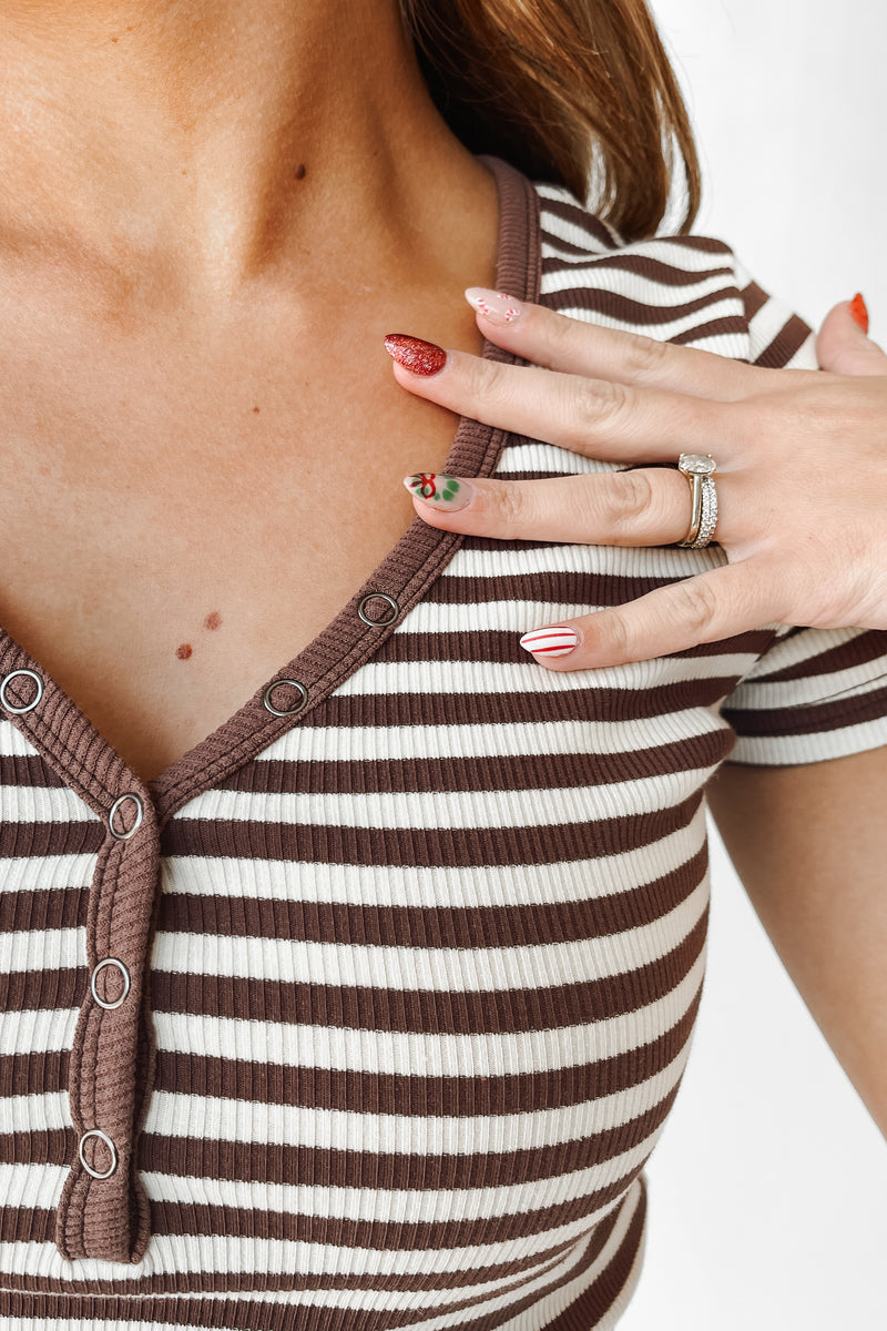 The Miley Striped Button-Up Tee in Chocolate