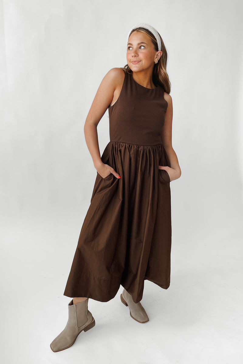 The Cabral High Neck Combination Midi Dress in Brown