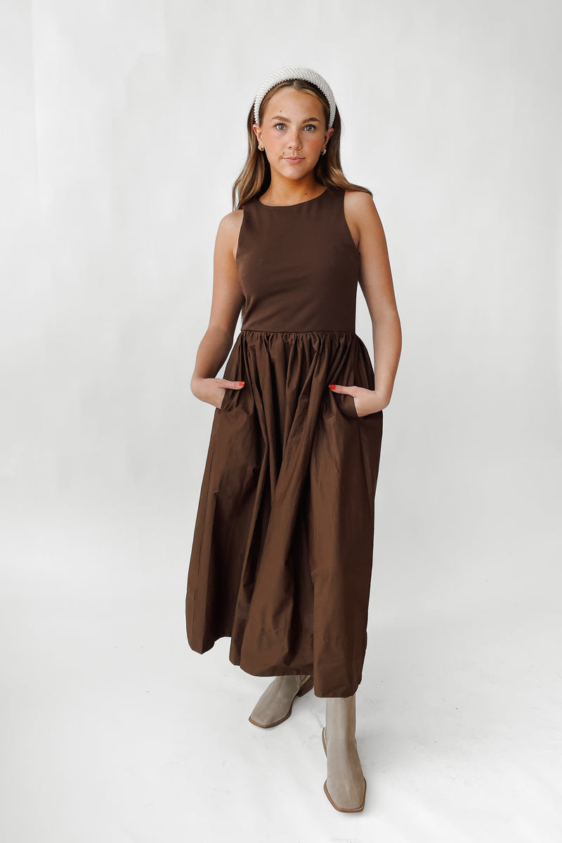 The Cabral High Neck Combination Midi Dress in Brown