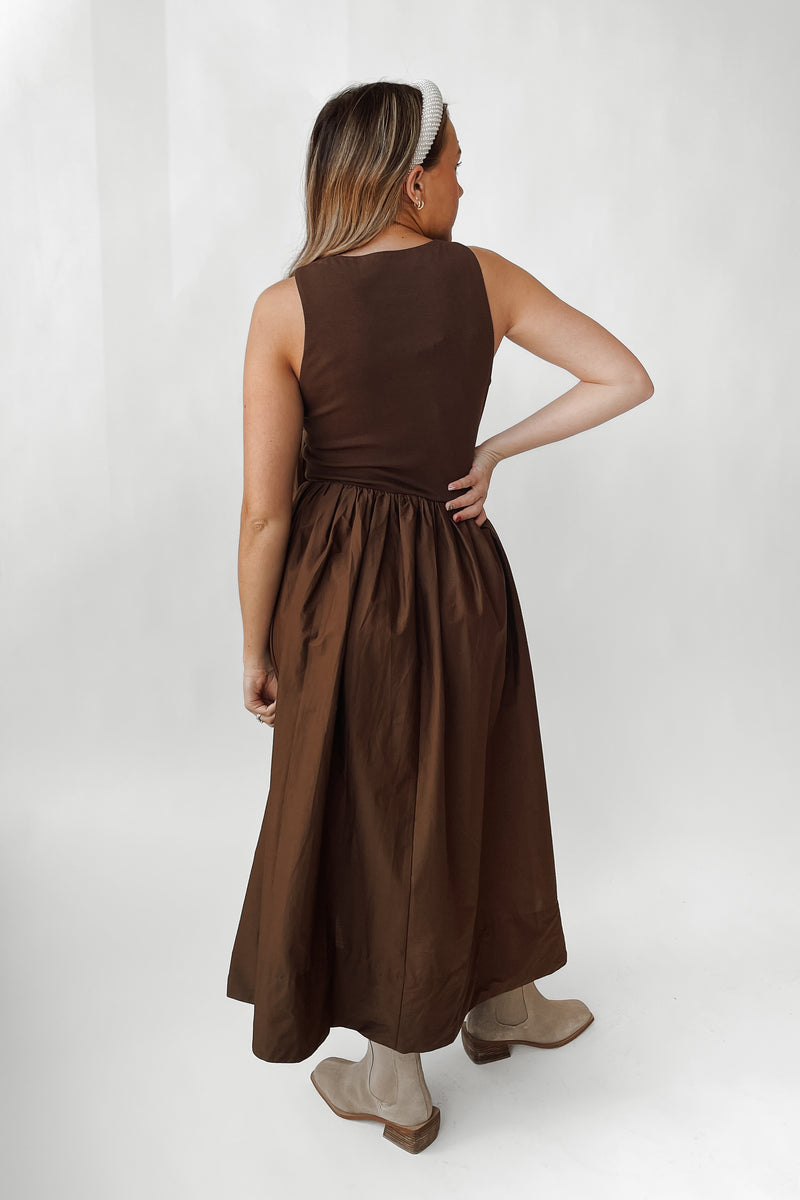 The Cabral High Neck Combination Midi Dress in Brown