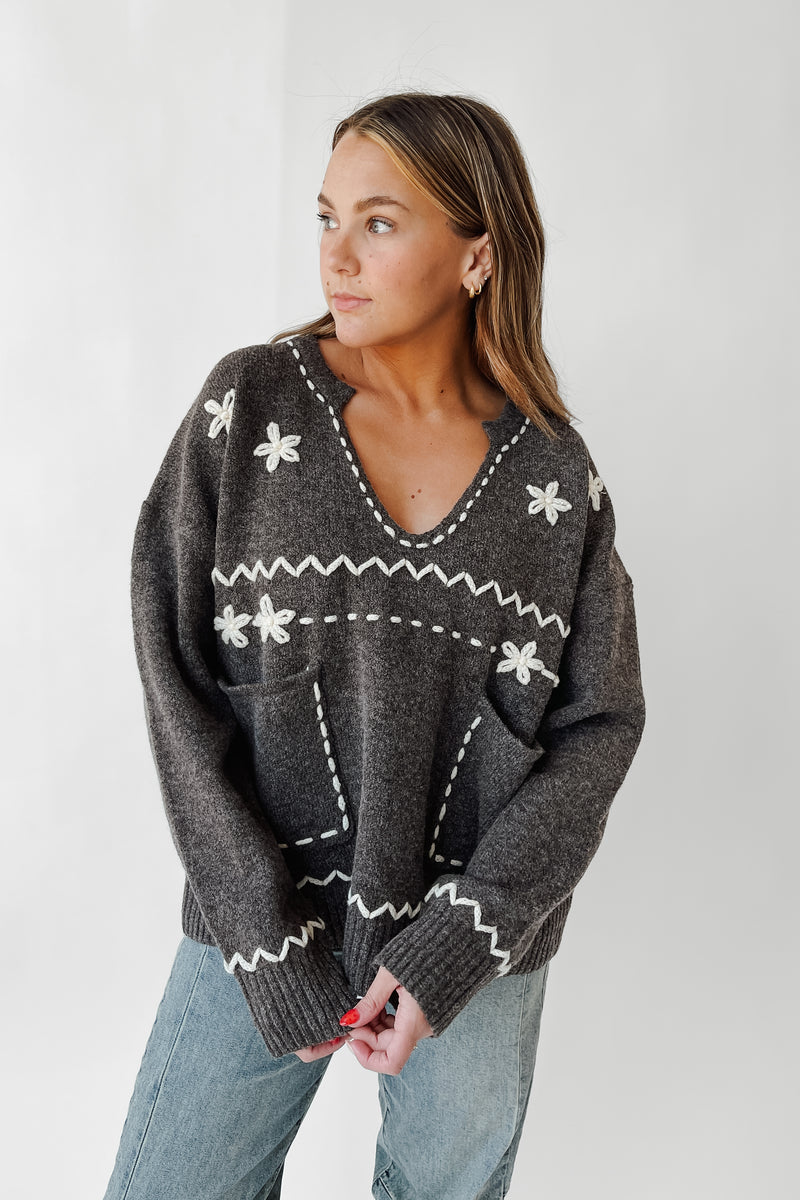 The Horman V-Neck Stitch Pullover in Smoky Charcoal