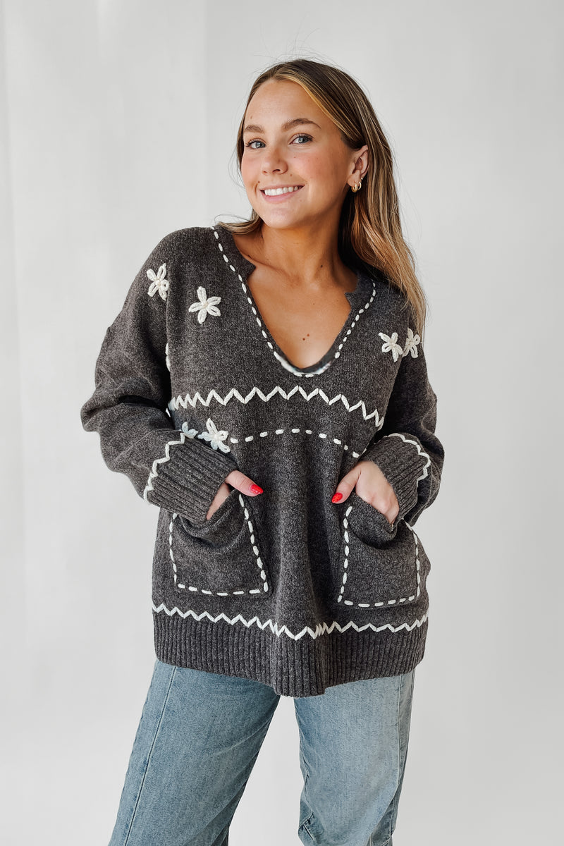 The Horman V-Neck Stitch Pullover in Smoky Charcoal