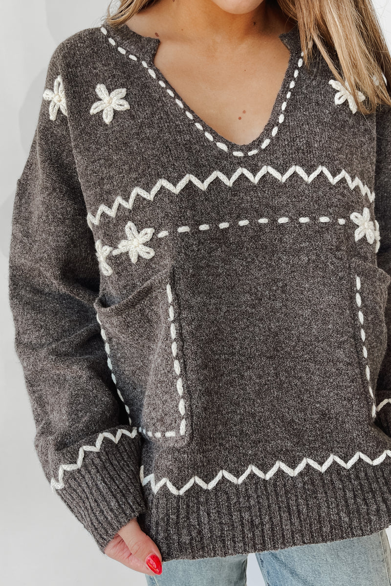 The Horman V-Neck Stitch Pullover in Smoky Charcoal