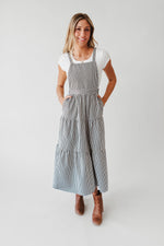 The Marilyn Overall Ruffled Maxi Dress in Navy