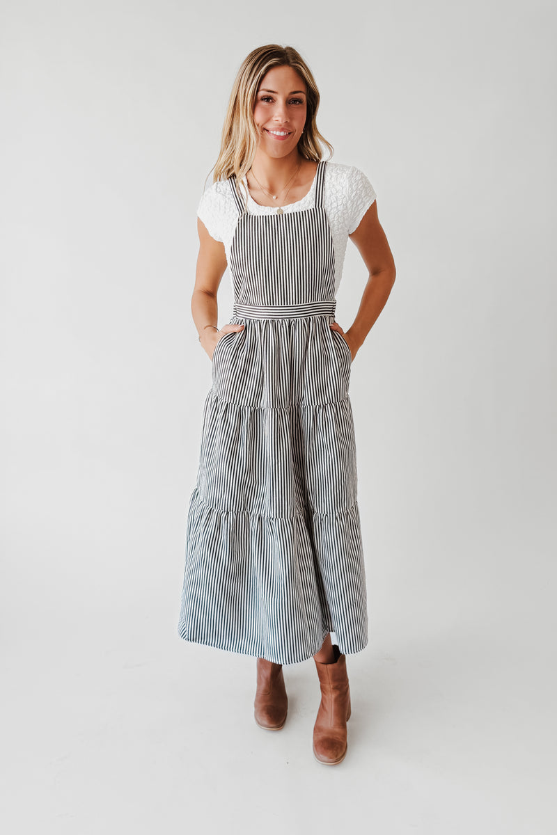 The Marilyn Overall Ruffled Maxi Dress in Navy