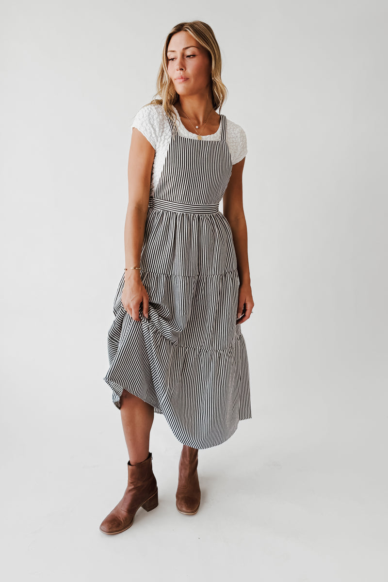 The Marilyn Overall Ruffled Maxi Dress in Navy