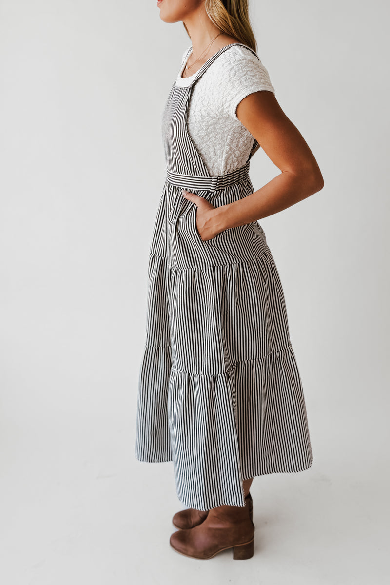 The Marilyn Overall Ruffled Maxi Dress in Navy
