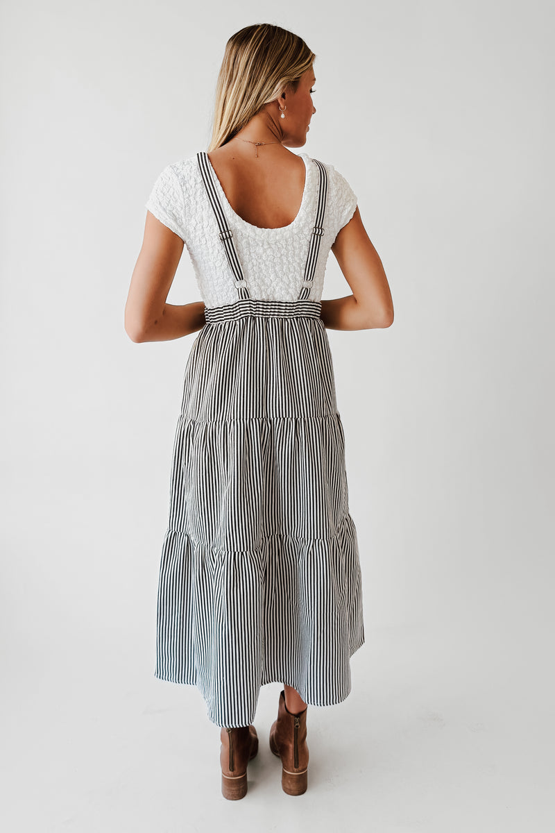 The Marilyn Overall Ruffled Maxi Dress in Navy