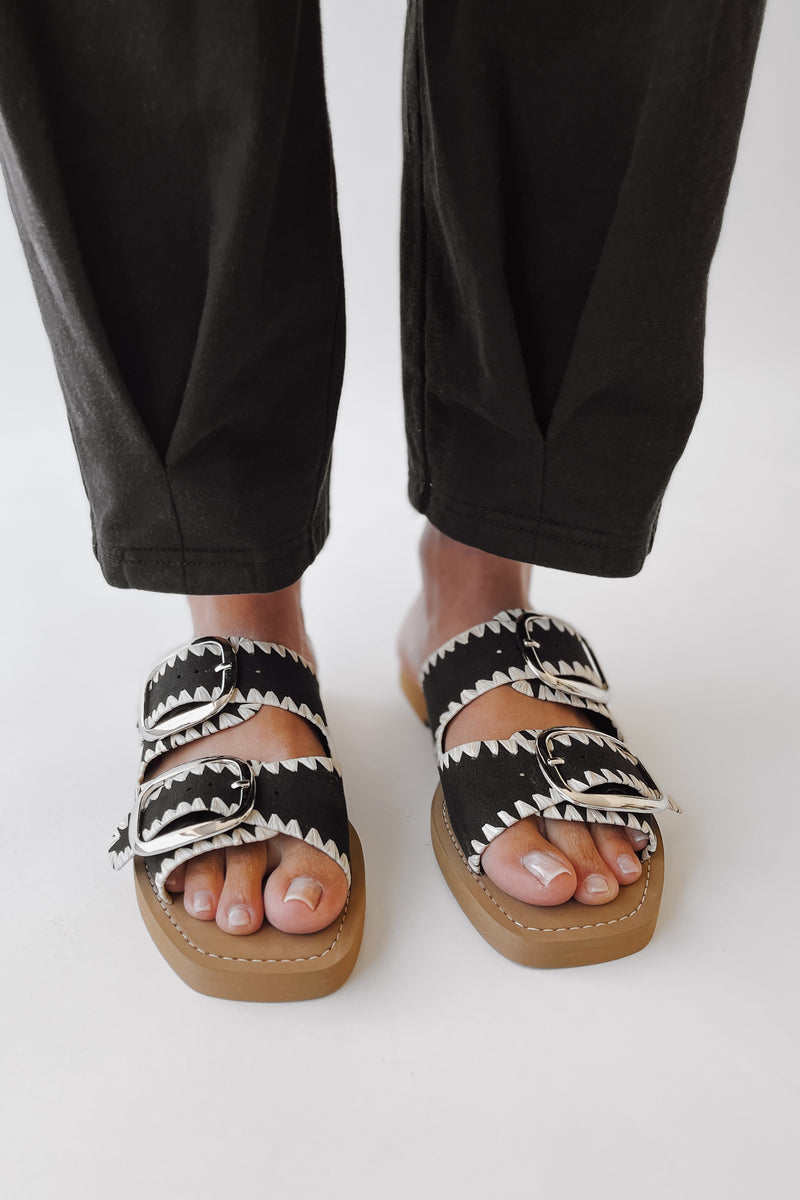 The Tivoli Double Buckle Sandal in Black