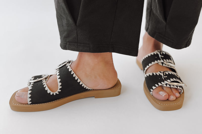 The Tivoli Double Buckle Sandal in Black