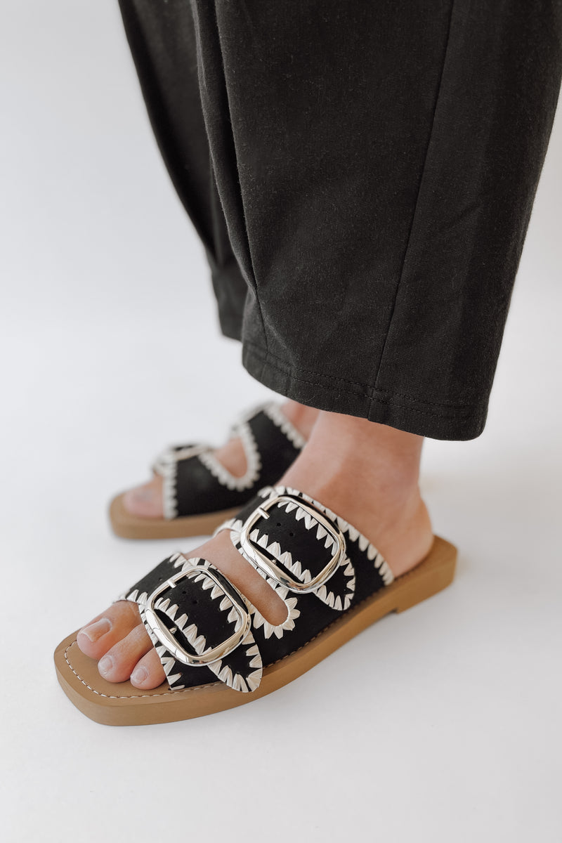 The Tivoli Double Buckle Sandal in Black