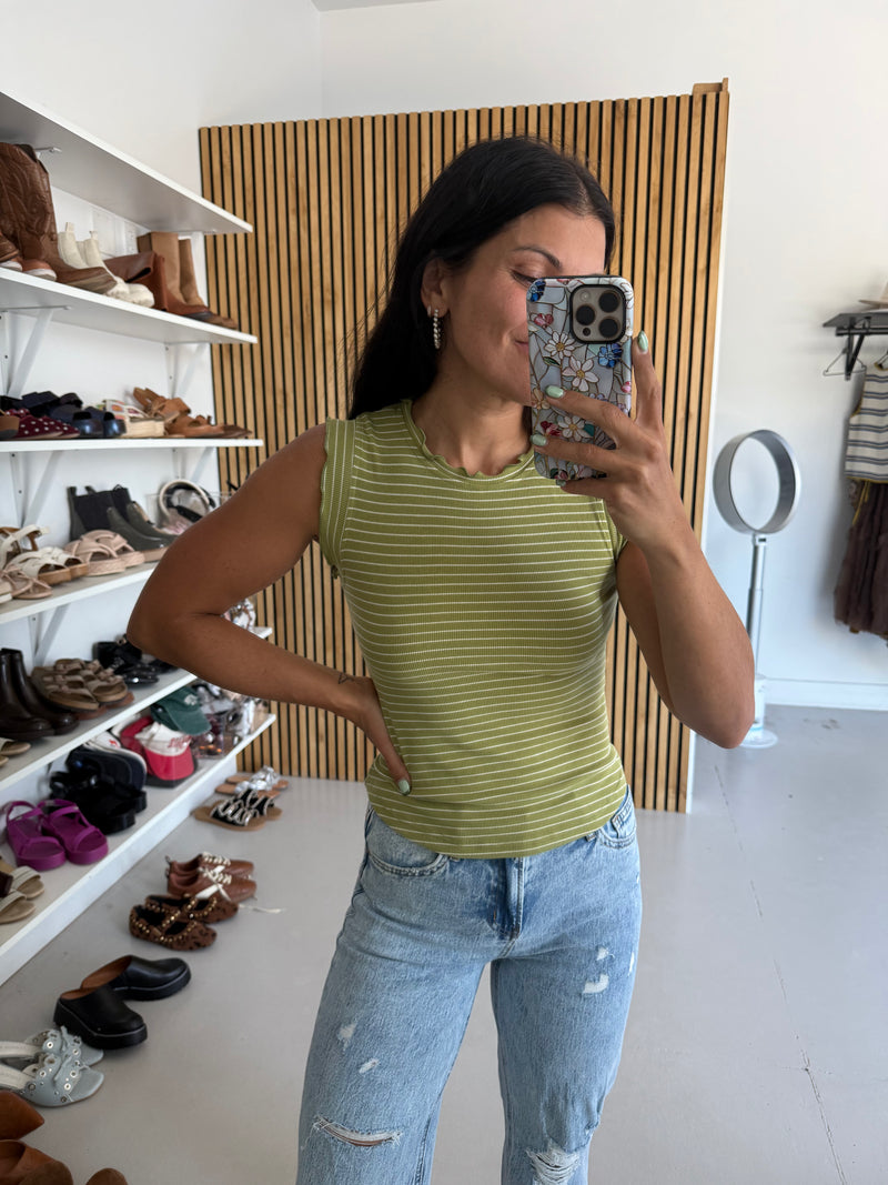The Gianni Striped Ruffle Tank in Avocado