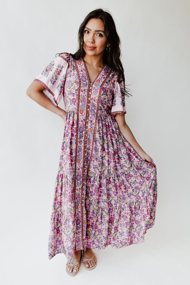 The Helena Printed Floral Maxi Dress in Pink Fuchsia