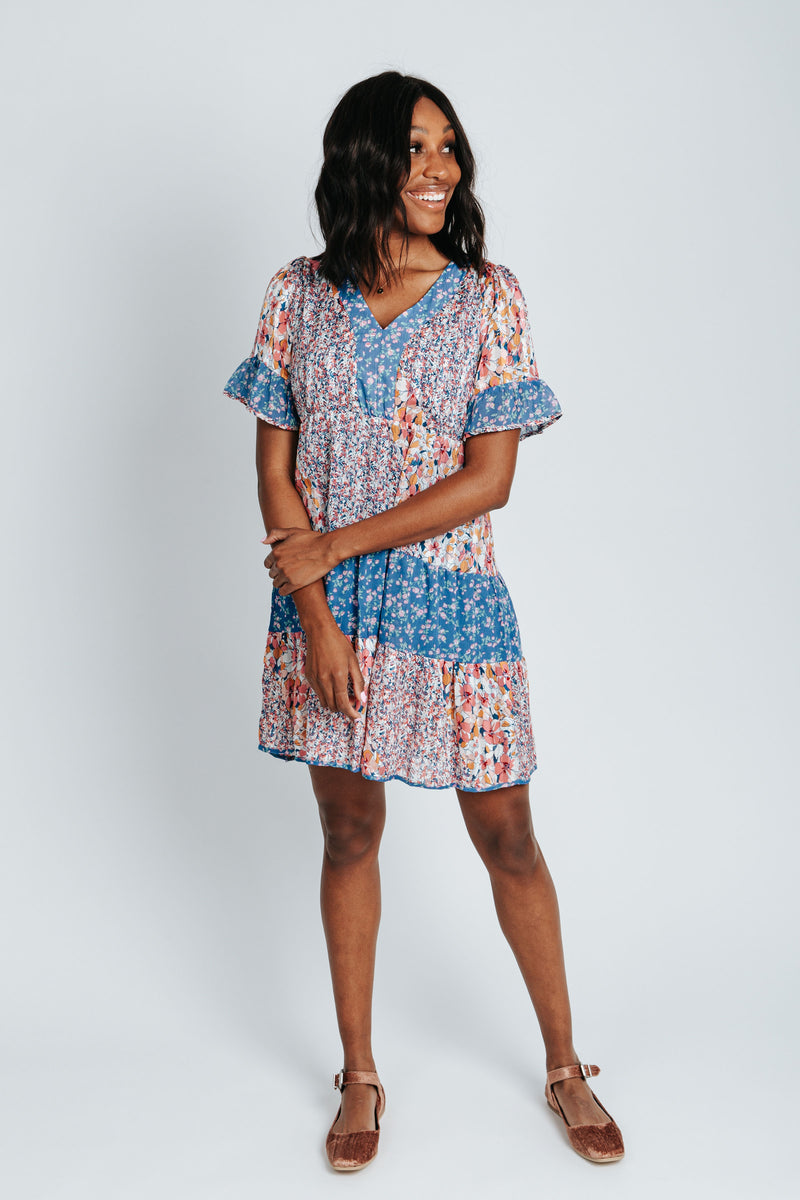 The Stutz Mixed Floral Dress in Blue