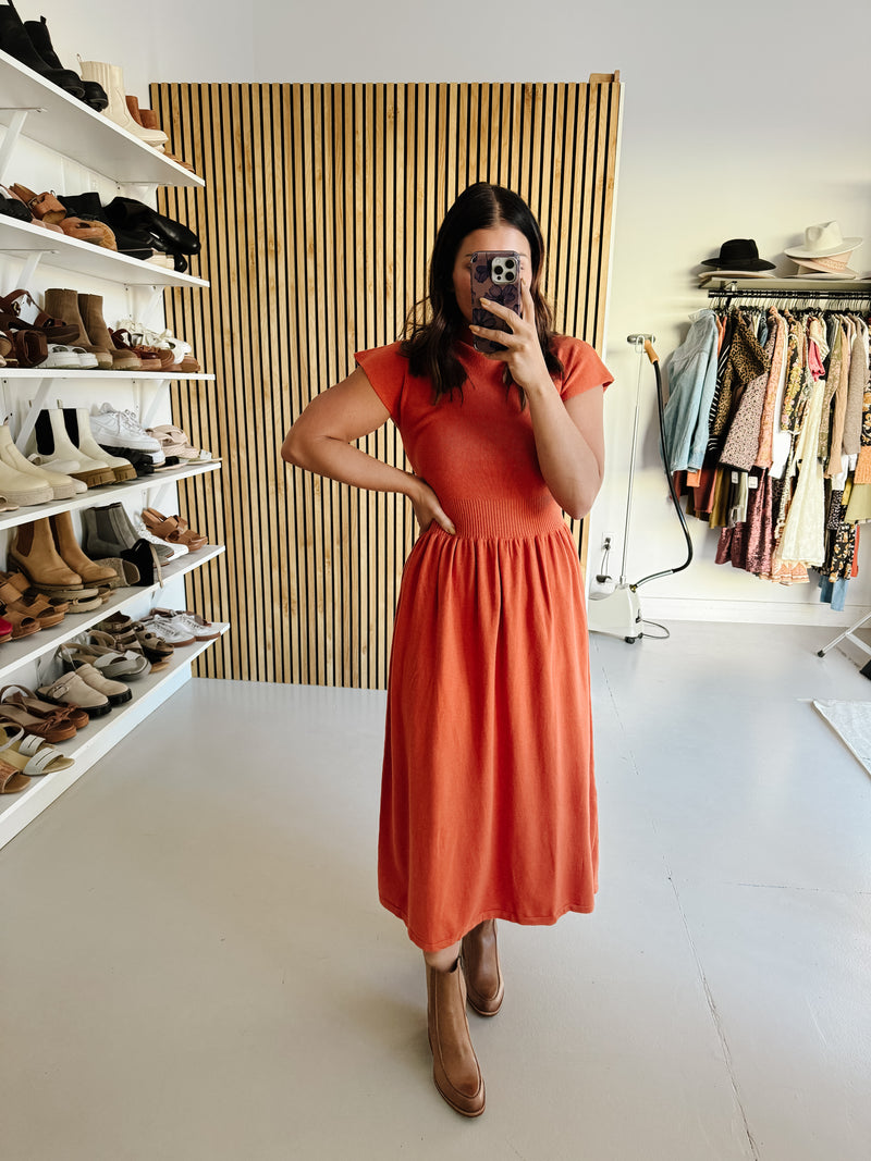 The Stansberry Mock Neck Midi Dress in Burnt Orange